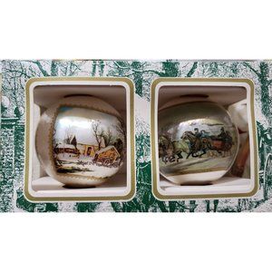 Currier and Ives 2 Satin Ball Ornaments Mid Century by Pepsi